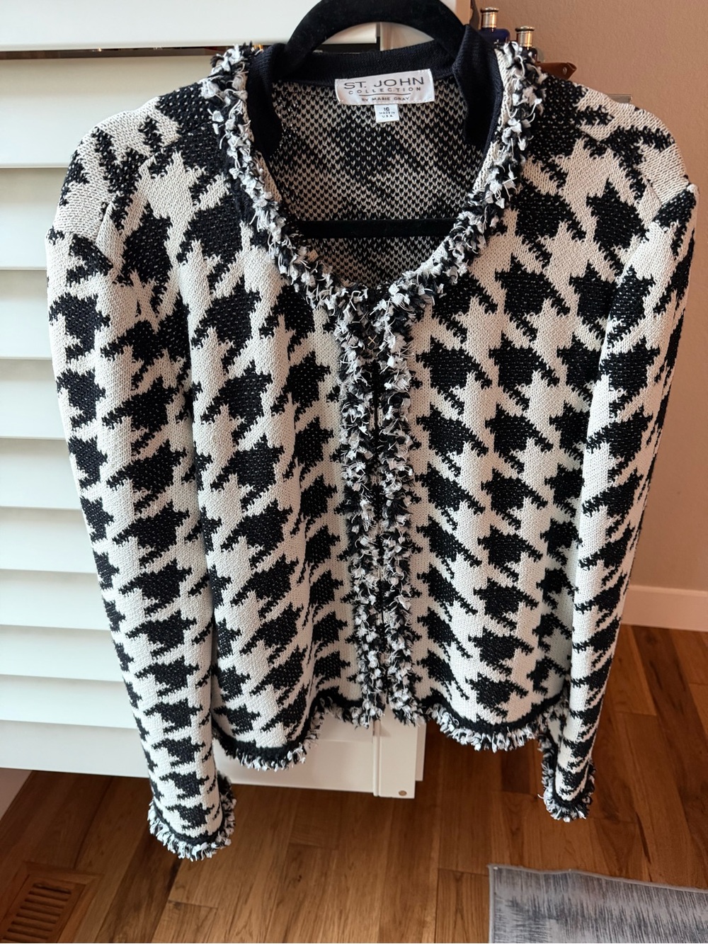 St. John Black and White Houndstooth Fringe-Trim Cardigan